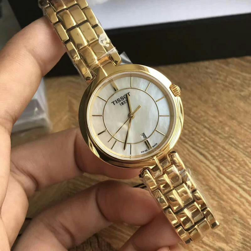 Tissot Flamingo Mother of Pearl White Dial Gold Steel Strap Watch For Women - T094.210.33.111.00