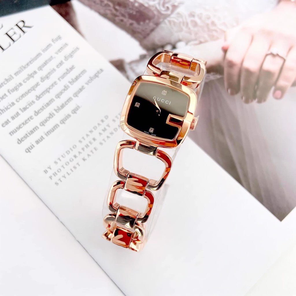 Gucci G Gucci Diamonds Black Dial Rose Gold Steel Strap Watch For Women - YA125409