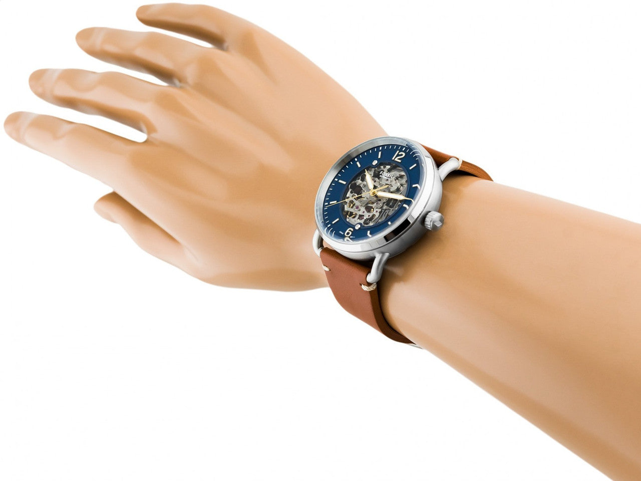 Fossil Commuter Automatic Skeleton Blue Dial Brown Leather Strap Watch for Men - ME3159