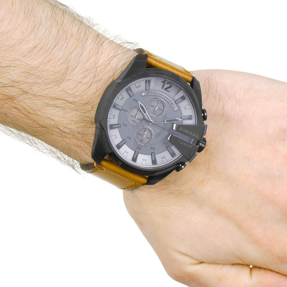 Diesel Mega Chief Chronograph Grey Dial Brown Leather Strap Watch For Men - DZ4463