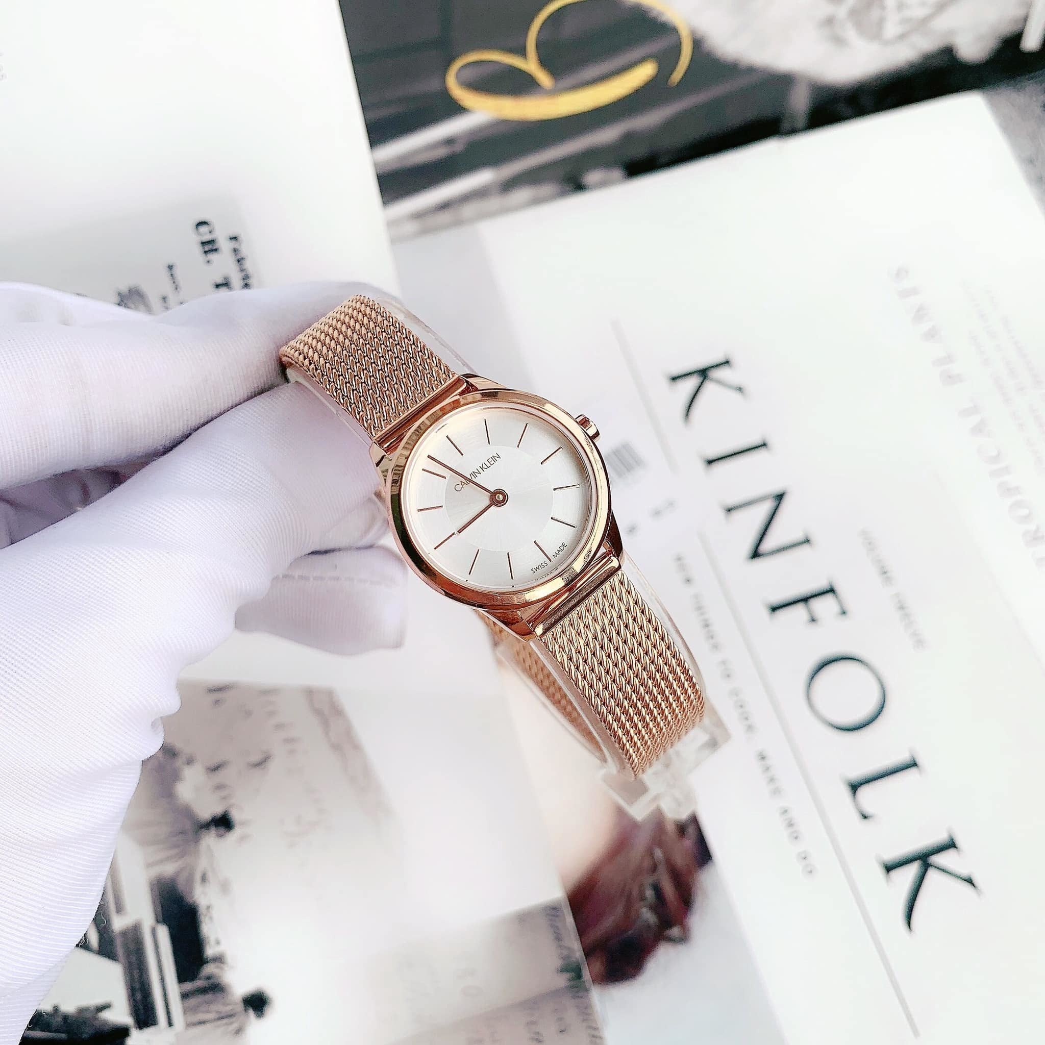 Calvin Klein Minimal White Dial Rose Gold Mesh Bracelet Watch for Women - K3M23626