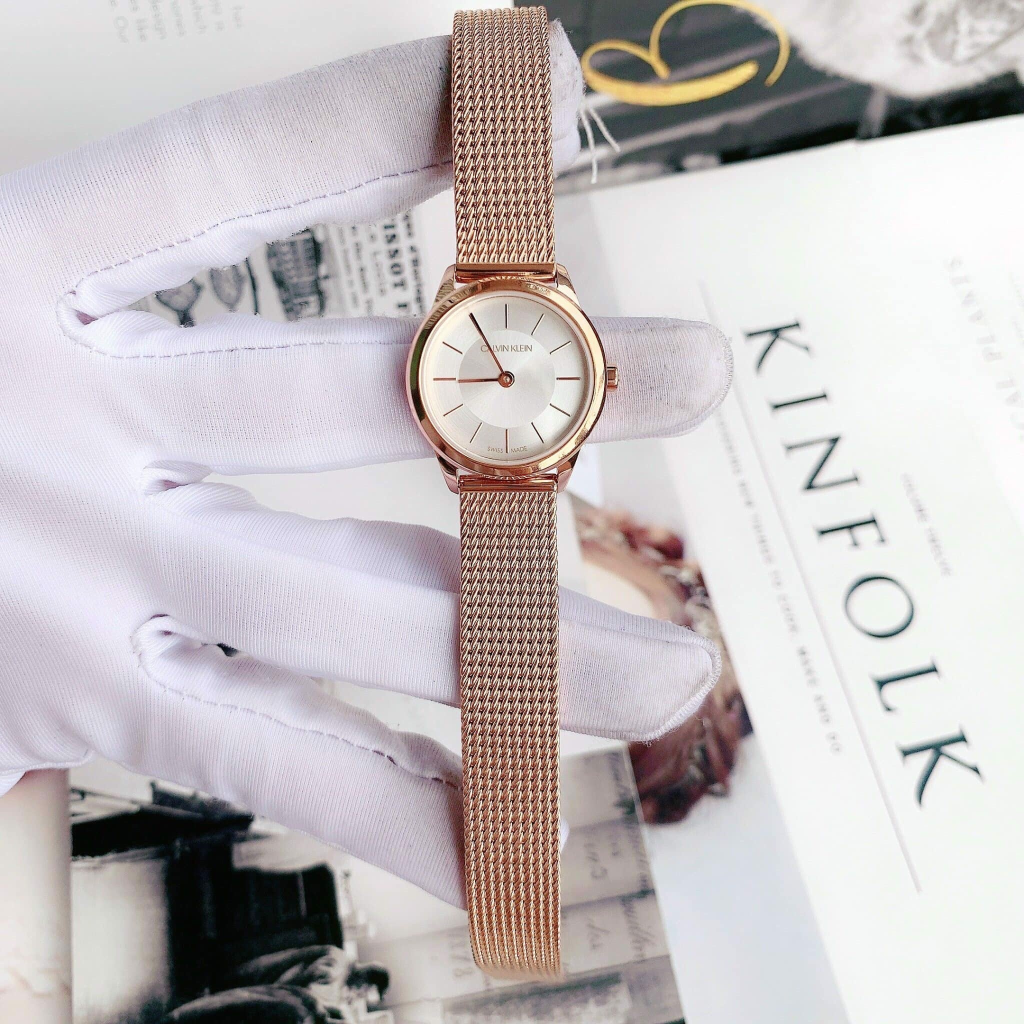 Calvin Klein Minimal White Dial Rose Gold Mesh Bracelet Watch for Women - K3M23626