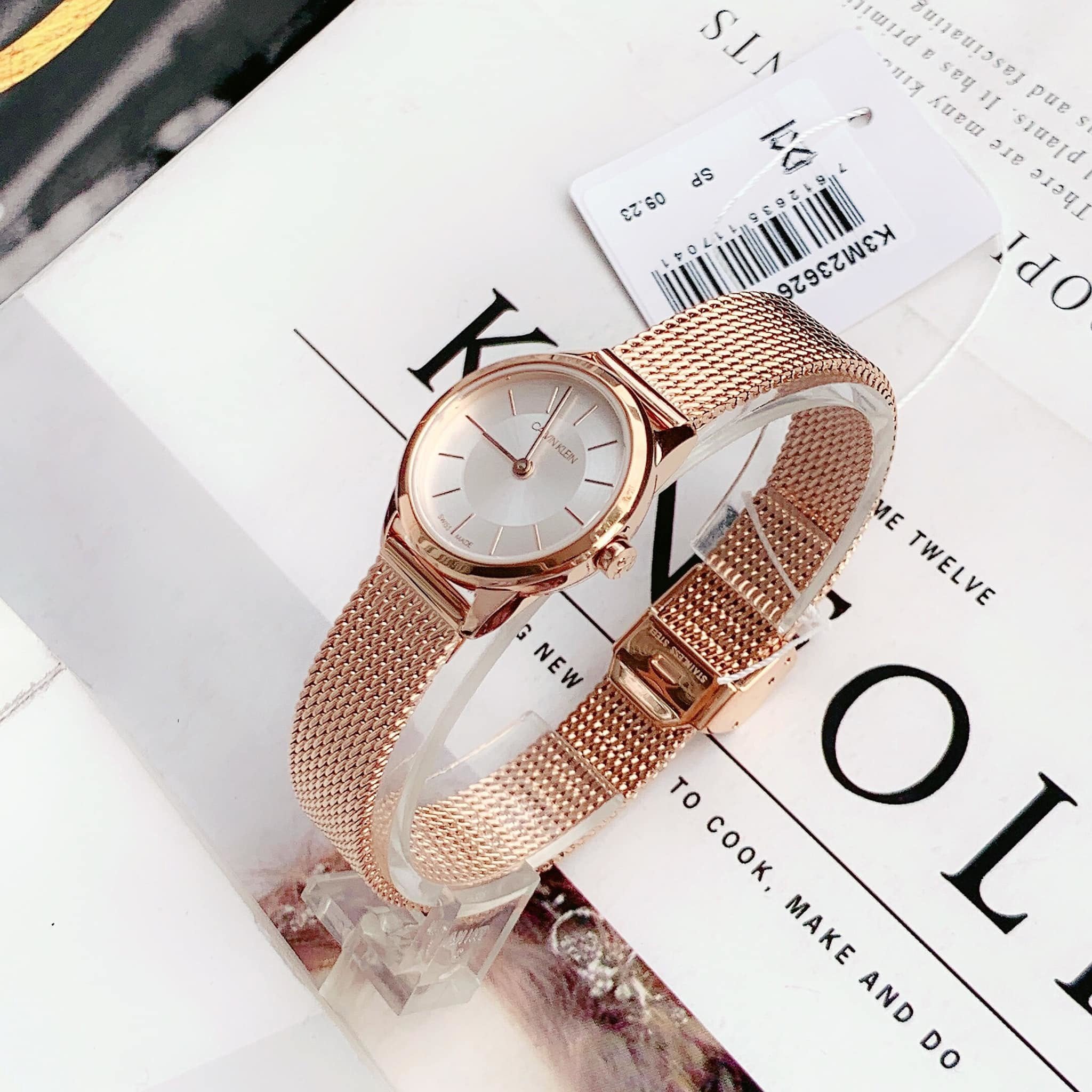 Calvin Klein Minimal White Dial Rose Gold Mesh Bracelet Watch for Women - K3M23626