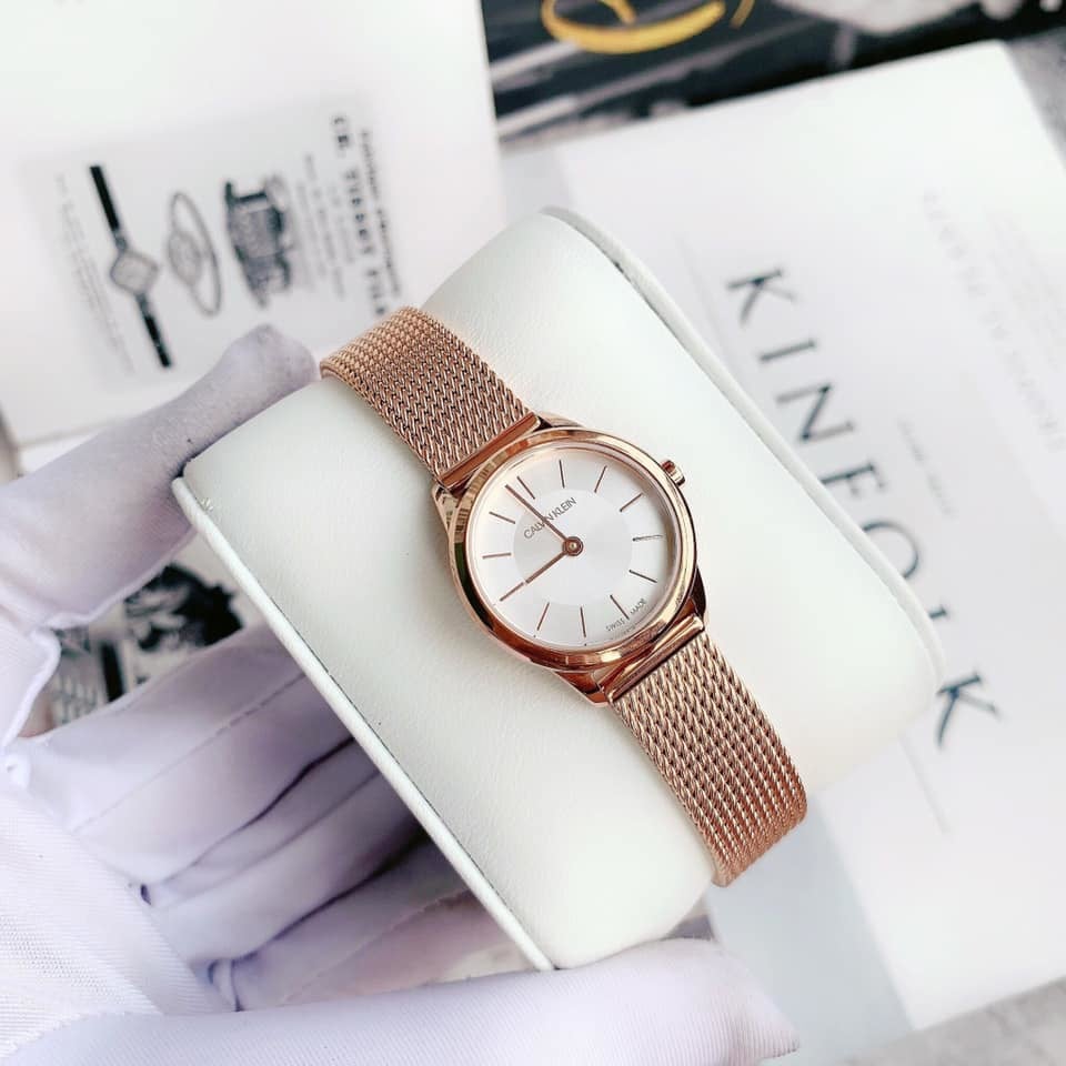 Calvin Klein Minimal White Dial Rose Gold Mesh Bracelet Watch for Women - K3M23626