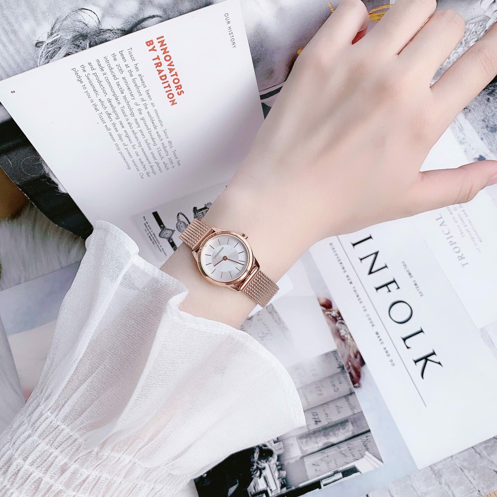 Calvin Klein Minimal White Dial Rose Gold Mesh Bracelet Watch for Women - K3M23626