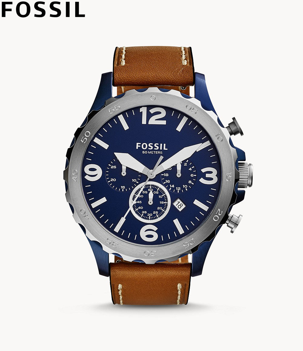 Fossil Nate Chronograph Navy Blue Dial Brown Leather Strap Watch for Men - JR1504