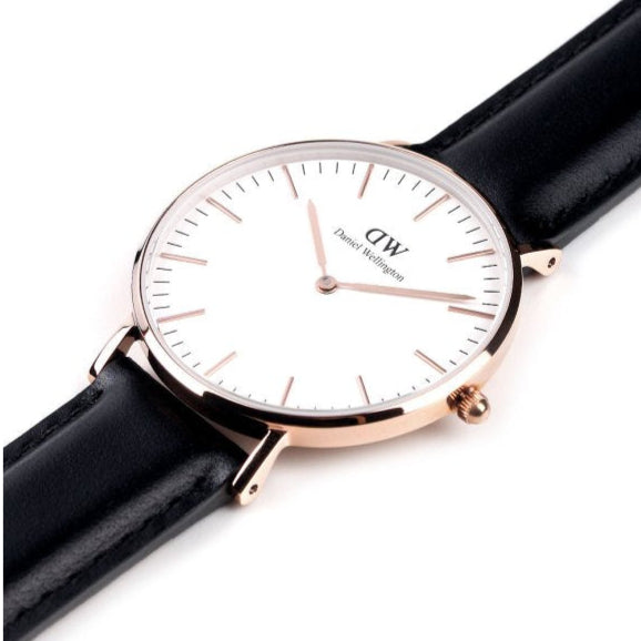 Daniel Wellington Classic Sheffield White Dial Black Leather Strap Watch for Women - DW00100036