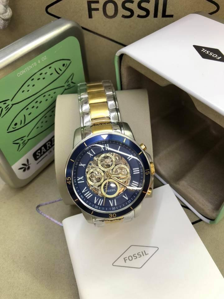 Fossil Grant Sport Automatic Skeleton Blue Dial Two Tone Steel Strap Watch for Men - ME3141