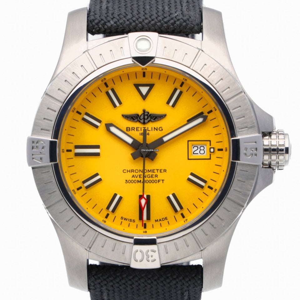 Breitling Avenger Automatic 45 Seawolf Yellow Dial Black Nylon Strap Watch for Men - A17319101I1X1