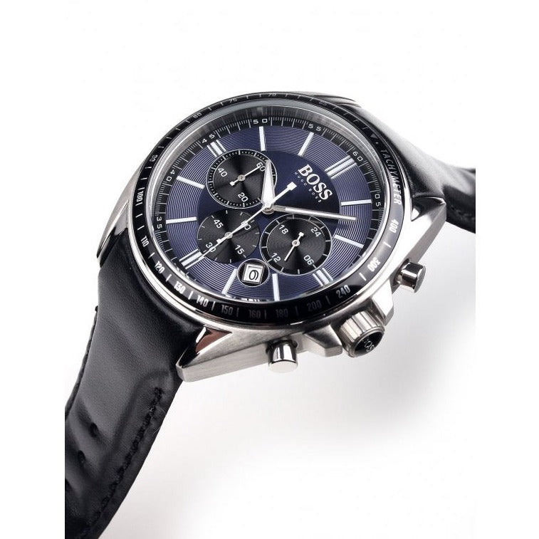 Hugo Boss Driver Sport Chronograph Blue Dial Black Leather Strap Watch for Men - 1513077
