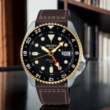 Seiko 5 Sports SKX GMT Automatic Mocha Black Dial Brown Leather Strap Watch For Men - SSK036K1
