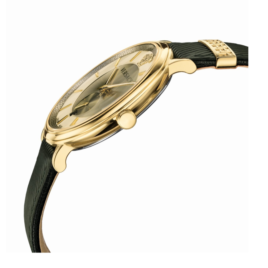Versace V-Circle Manifesto Gold Dial Black Leather Strap Watch for Men - VBQ030017