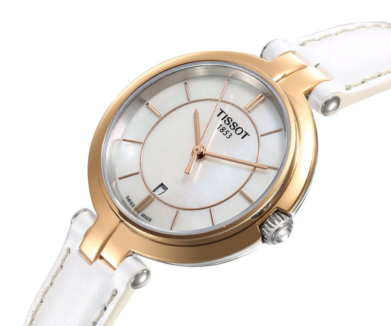 Tissot T Lady Flamingo Mother of Pearl White Dial White Leather Strap Watch For Women - T094.210.26.111.01