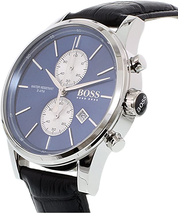 Hugo Boss Jet Blue Dial Black Leather Strap Watch for Men - 1513283