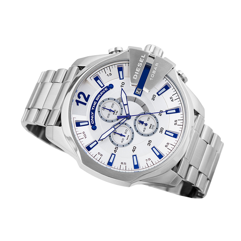 Diesel Mega Chief Chronograph White Dial Silver Steel Strap Watch For Men - DZ4477