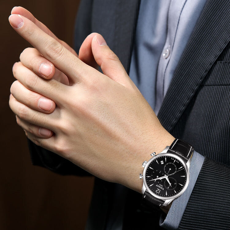 Tissot T Classic Tradition Chronograph Black Dial Black Leather Strap Watch For Men - T063.617.16.057.00