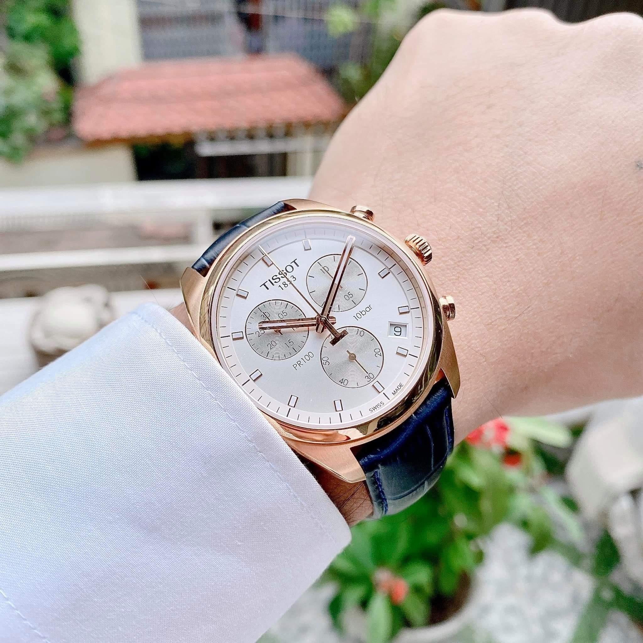 Tissot T Classic PR 100 Chronograph Silver Dial Black Leather Strap Watch for Men - T101.417.36.031.00