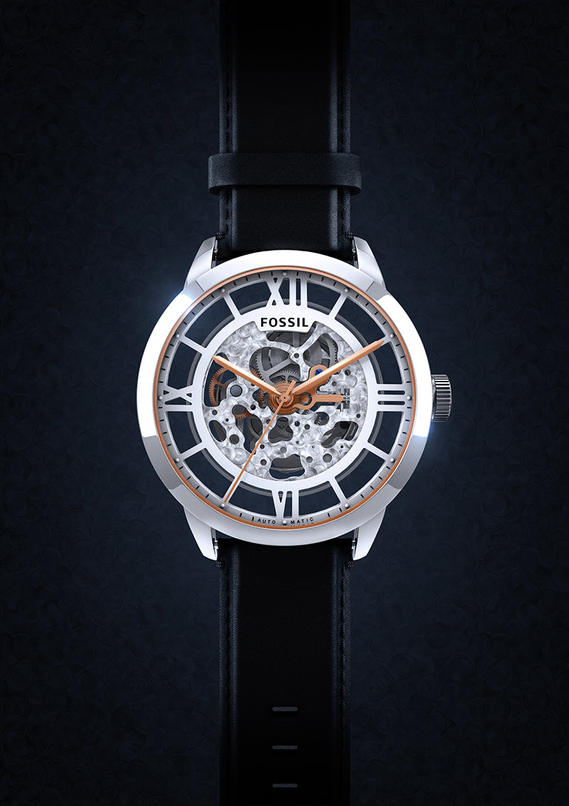 Fossil Townsman Automatic Skeleton Silver Dial Black Leather Strap Watch for Men - ME3041