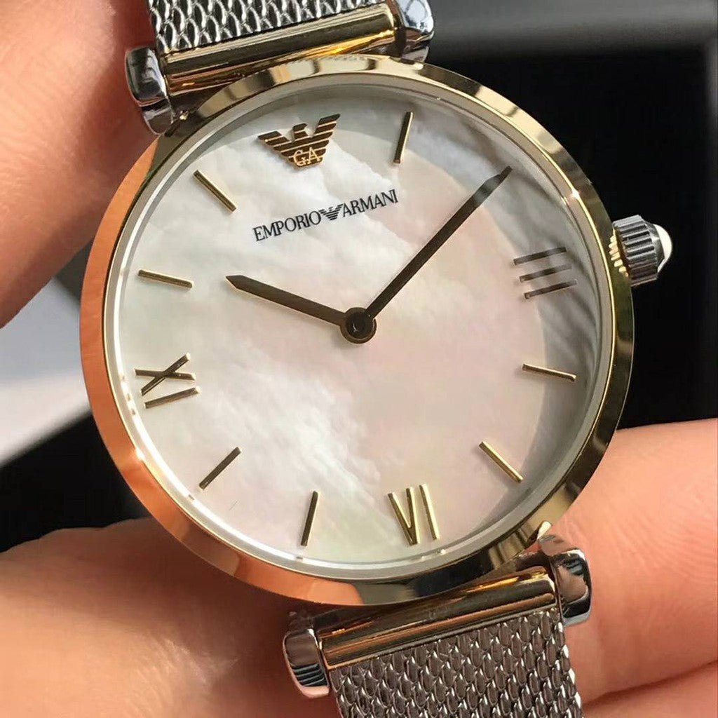 Emporio Armani Gianni T Bar Mother of Pearl Dial Silver Mesh Bracelet Watch For Women - AR2068