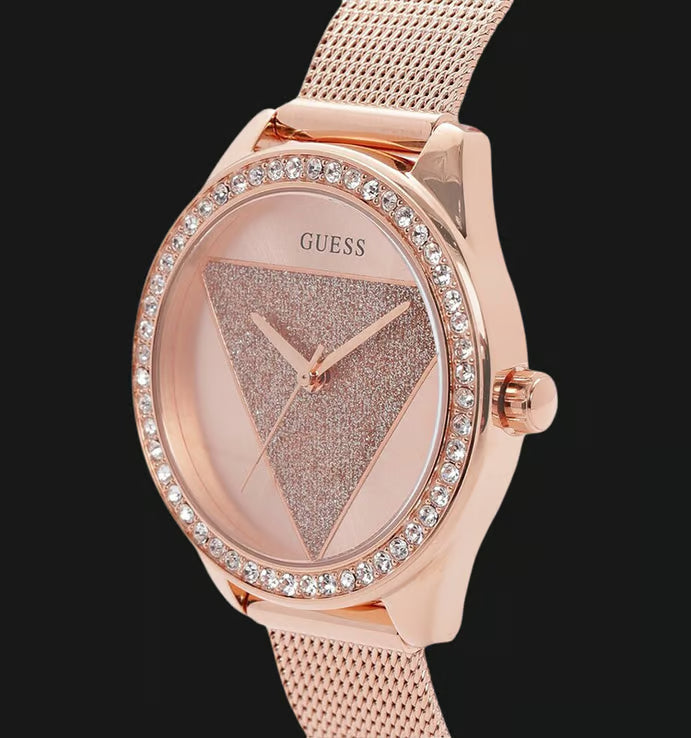 Guess Tri Glitz Quartz Diamonds Rose Gold Dial Rose Gold Mesh Bracelet Watch For Women - W1142L4