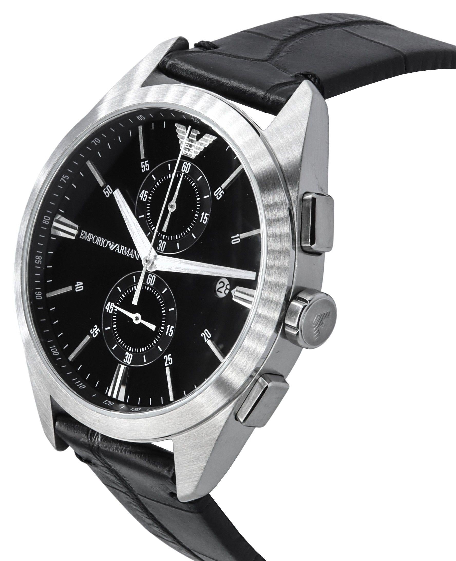Emporio Armani Claudio Chronograph Black Dial Black Leather Strap Watch For Men - AR11542
