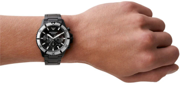 Emporio Armani Diver Chronograph Black Dial Black Steel Strap Watch For Men - AR80050