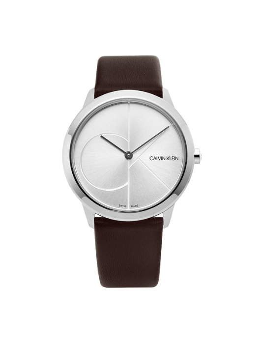 Calvin Klein Minimal Silver Dial Brown Leather Strap Watch for Men - K3M221G6