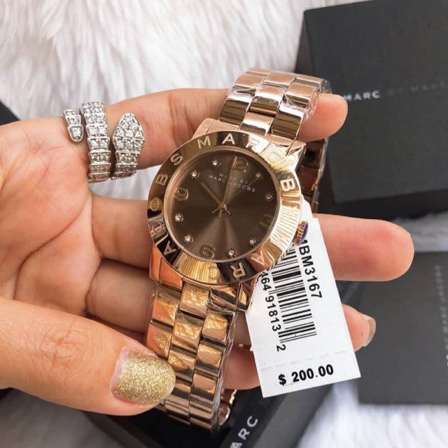 Marc Jacobs Amy Mother of Pearl Black Dial Rose Gold Steel Strap Watch for Women - MBM8610