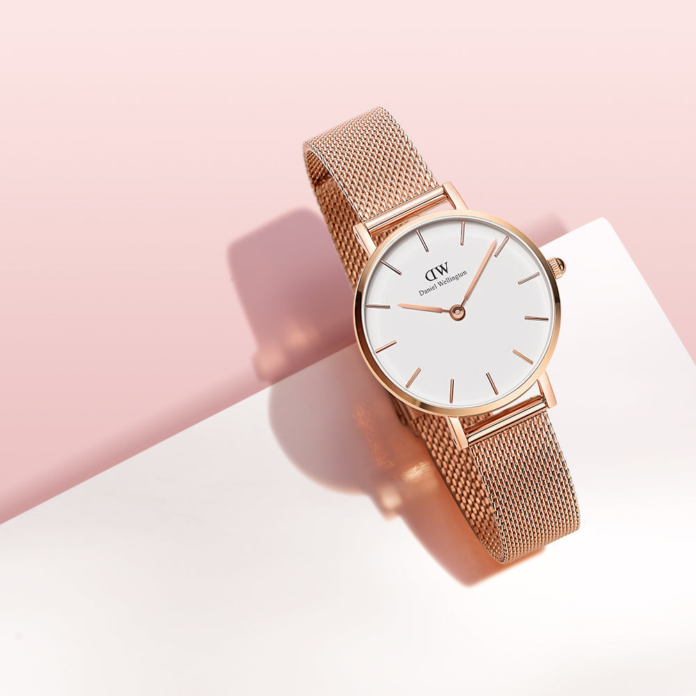 Daniel Wellington Classic Petite Melrose White Dial Rose Gold Mesh Bracelet Watch For Women - DW00100163