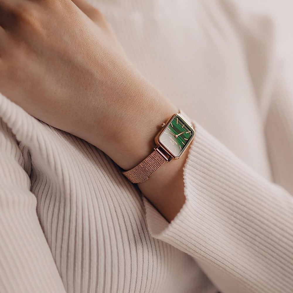 Daniel Wellington Quadro Melrose Green Dial Rose Gold Mesh Strap Watch For Women - DW00100437