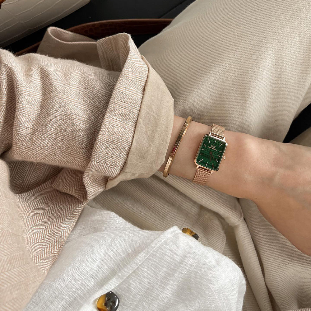 Daniel Wellington Quadro Melrose Green Dial Rose Gold Mesh Strap Watch For Women - DW00100437