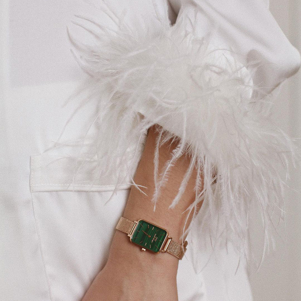 Daniel Wellington Quadro Melrose Green Dial Rose Gold Mesh Strap Watch For Women - DW00100437