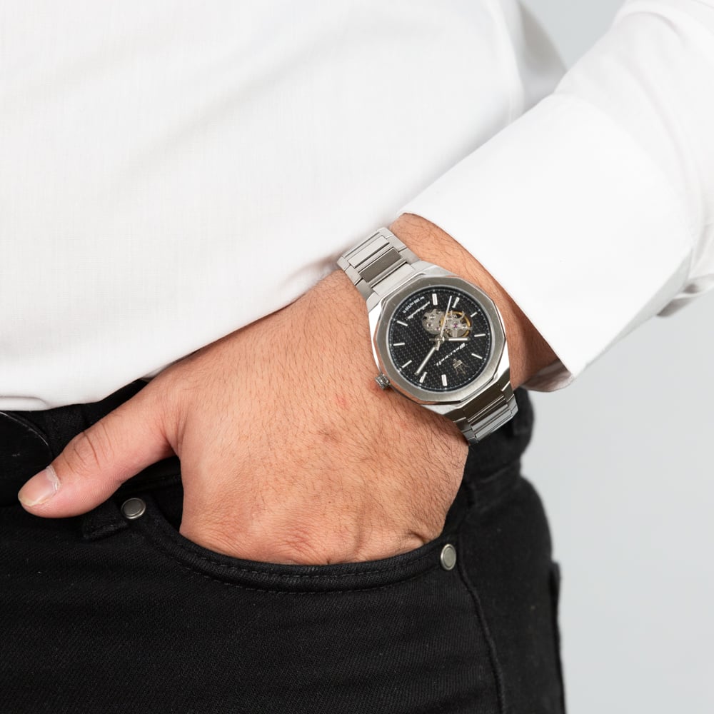 Maserati Stile Skeleton Automatic Black Dial Silver Steel Strap Watch For Men - R8823142002