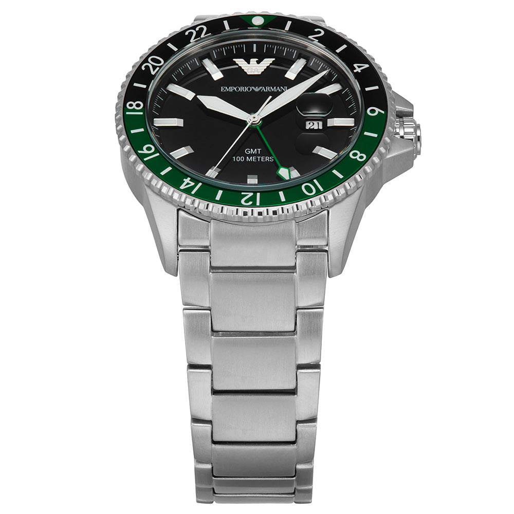 Emporio Armani Sea Explorer GMT Quartz Black Dial Silver Steel Strap Watch For Men - AR11589