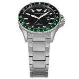 Emporio Armani Sea Explorer GMT Quartz Black Dial Silver Steel Strap Watch For Men - AR11589