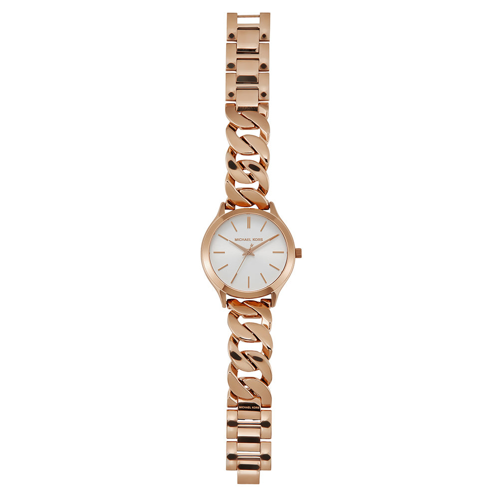 Michael Kors Runway Three-Hand Silver Dial Rose Gold Steel Strap Watch for Women - MK7473