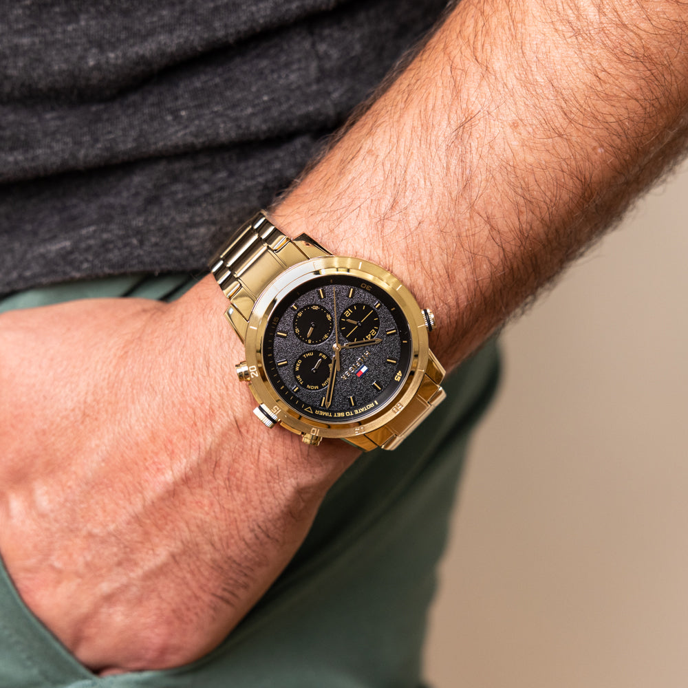 Tommy Hilfiger Troy Chronograph Black Dial Gold Steel Strap Watch For Men - 1792109