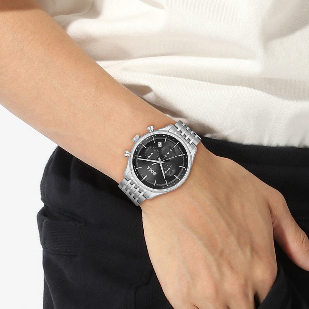 Hugo Boss Gregor Chronograph Black Dial Silver Steel Strap Watch For Men - 1514082