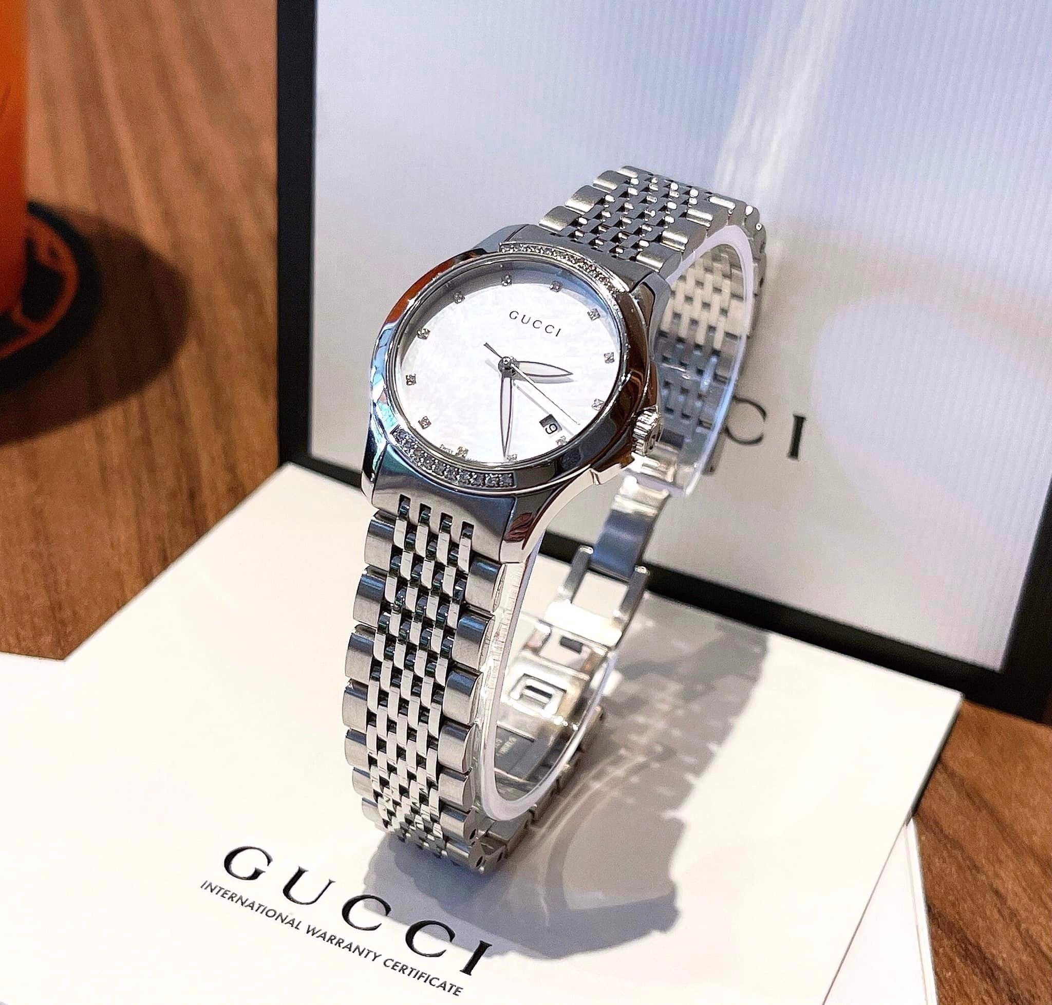 Gucci G Timeless Diamonds Mother of Pearl Dial Silver Steel Strap Watch For Women - YA126510