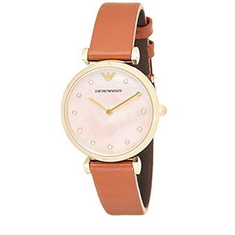 Emporio Armani Gianni T Bar Quartz Pink Mother of Pearl Dial Brown Leather Strap Watch For Women - AR1960