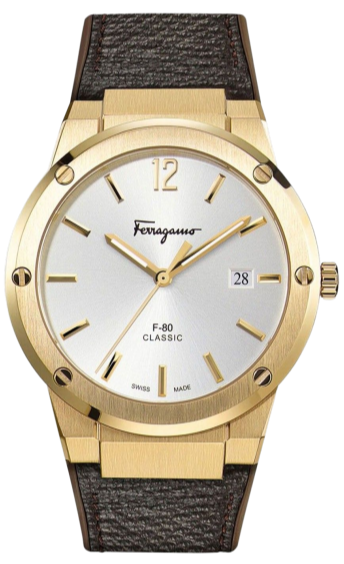 Salvatore Ferragamo F-80 Classic White Dial Brown Leather Strap Watch for Men - SFDT00819