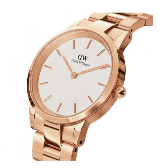 Daniel Wellington Iconic Link White Dial Rose Gold Steel Strap Watch For Women - DW00100211