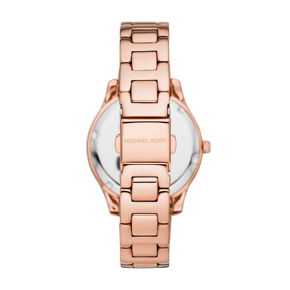 Michael Kors Lilane Three Hand Mother of Pearl White Dial Rose Gold Steel Strap Watch For Women - MK4557