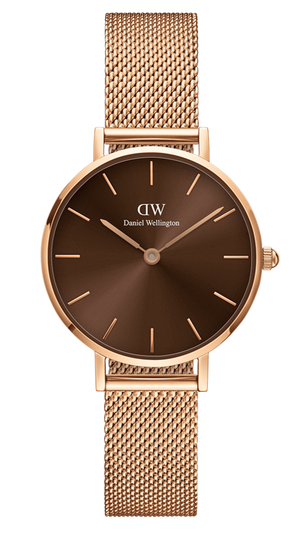 Daniel Wellington Petite Amber Brown Dial Rose Gold Mesh Strap Watch for Women - DW00100478