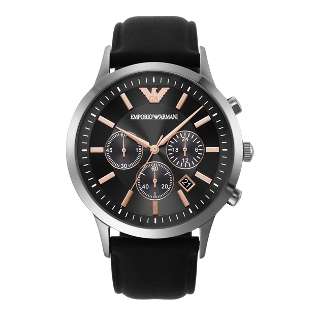 Emporio Armani Giovanni Chronograph Black Dial Black Leather Strap Watch For Men - AR11431