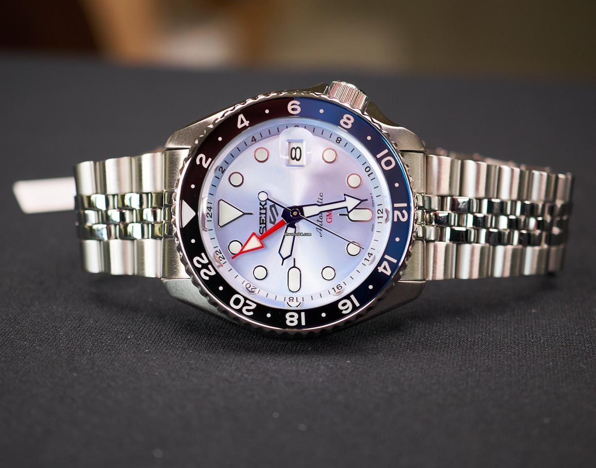 Seiko 5 Sports Automatic GMT SKX Sports Style Asia Exclusive Limited Edition Ice Blue Dial Silver Steel Strap Watch For Men - SSK029K1
