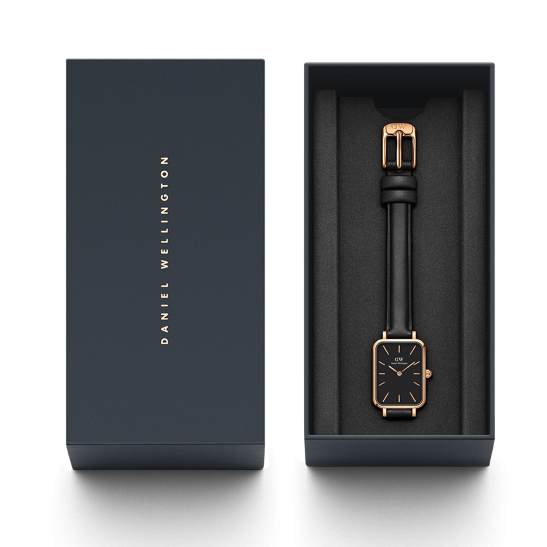 Daniel Wellington Quadro Black Dial Black Leather Strap Watch For Women  - DW00100449