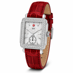 Michele Deco Mother of Pearl Dial Red Leather Strap Watch For Women - MWW06V000007