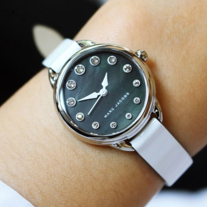 Marc Jacobs Betty Mother of Pearl Black Dial White Leather Strap Watch for Women - MJ1512