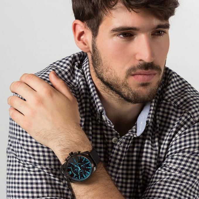 Diesel Mega Chief Chronograph Black Dial Black Leather Strap Watch For Men - DZ4323